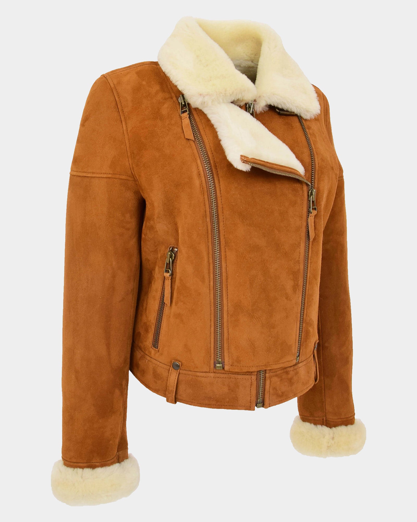 Womens Sheepskin Aviator Pilot Jacket Dynamo Tan White