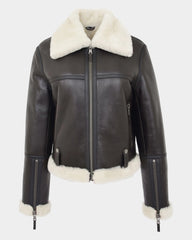 Womens Sheepskin Aviator RAF Pilot Jacket Zenith Brown White