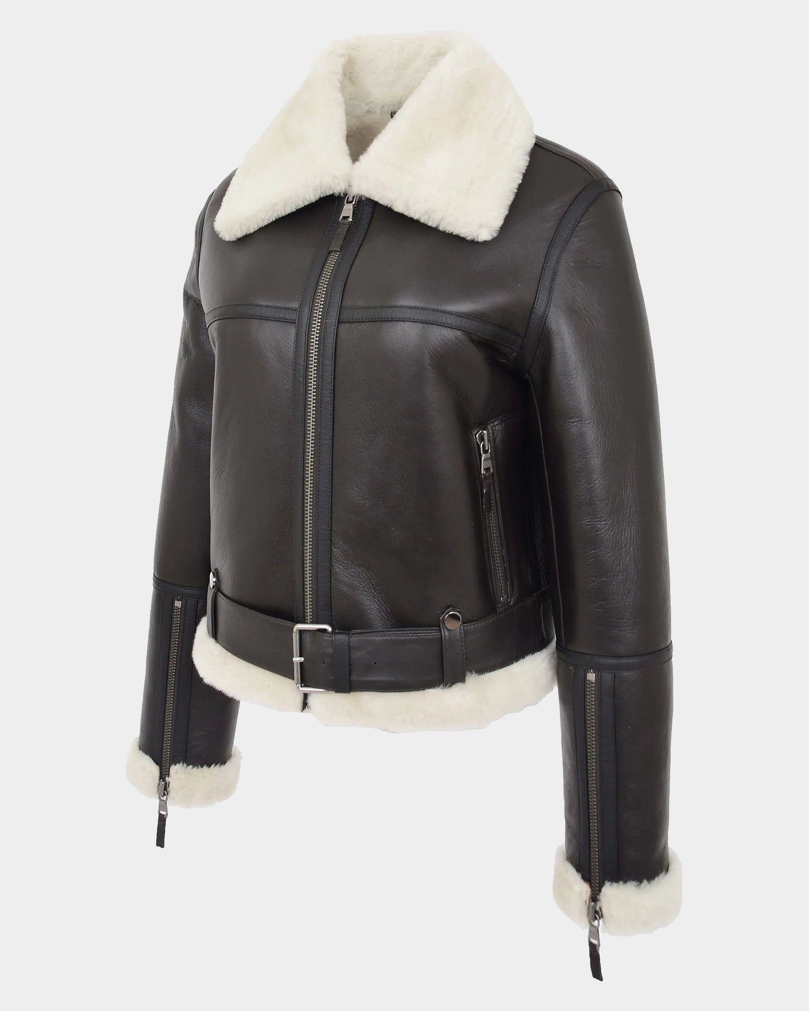Womens Sheepskin Aviator RAF Pilot Jacket Zenith Brown White