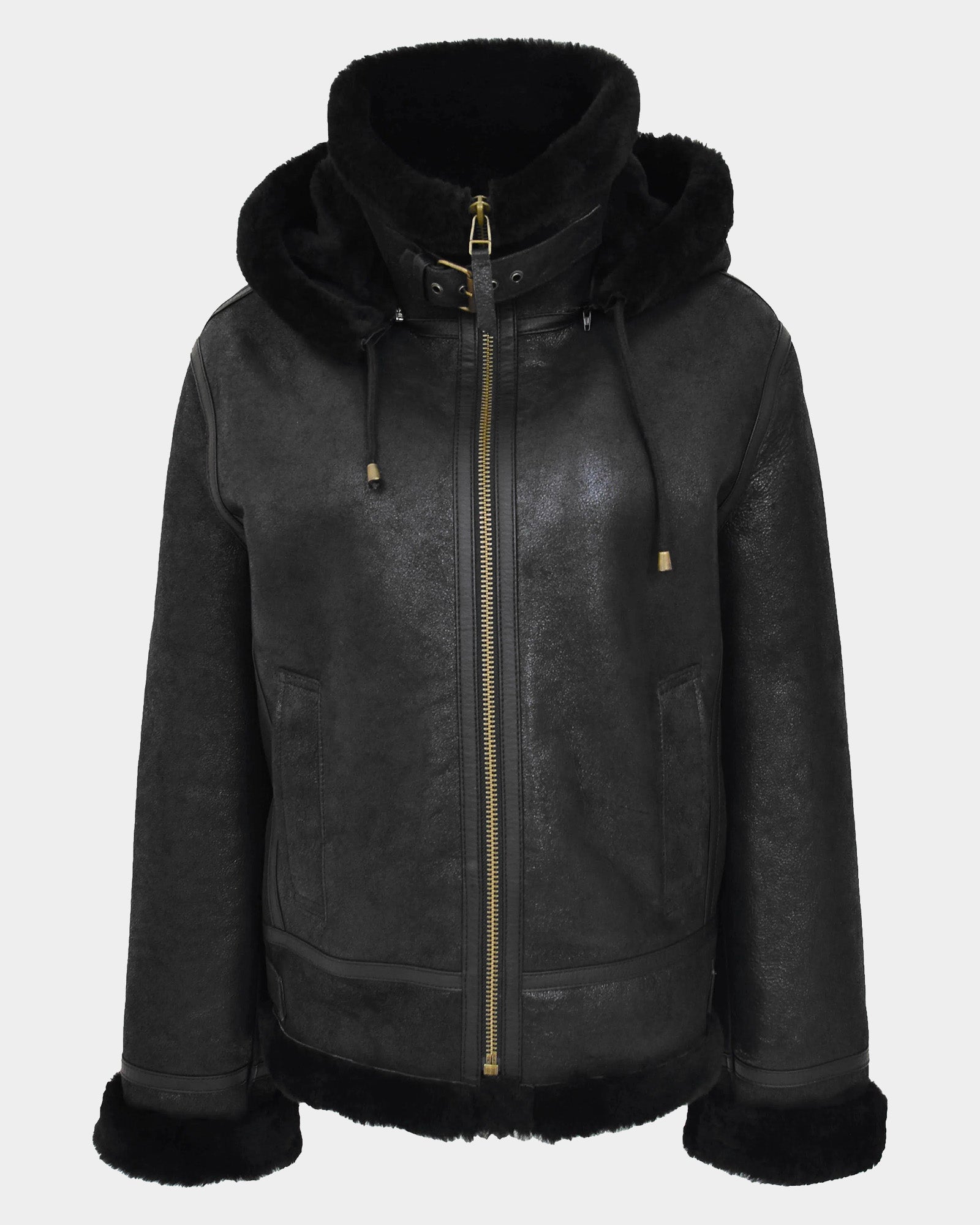 Womens Sheepskin B3 Detachable Hoodie Jacket Nova Black