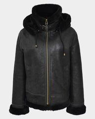 Womens Sheepskin B3 Detachable Hoodie Jacket Nova Black