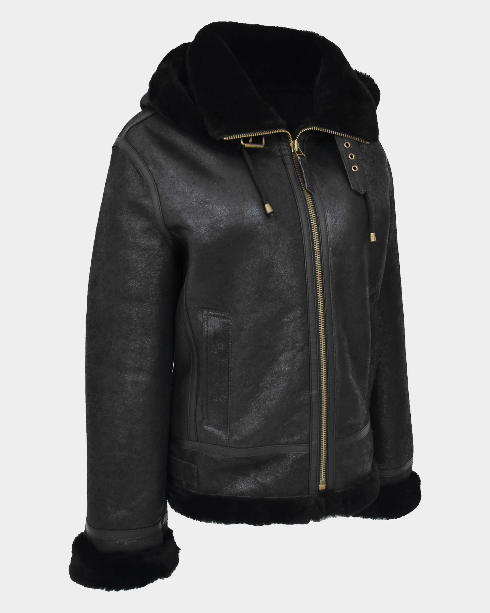 Womens Sheepskin B3 Detachable Hoodie Jacket Nova Black