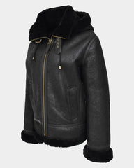 Womens Sheepskin B3 Detachable Hoodie Jacket Nova Black