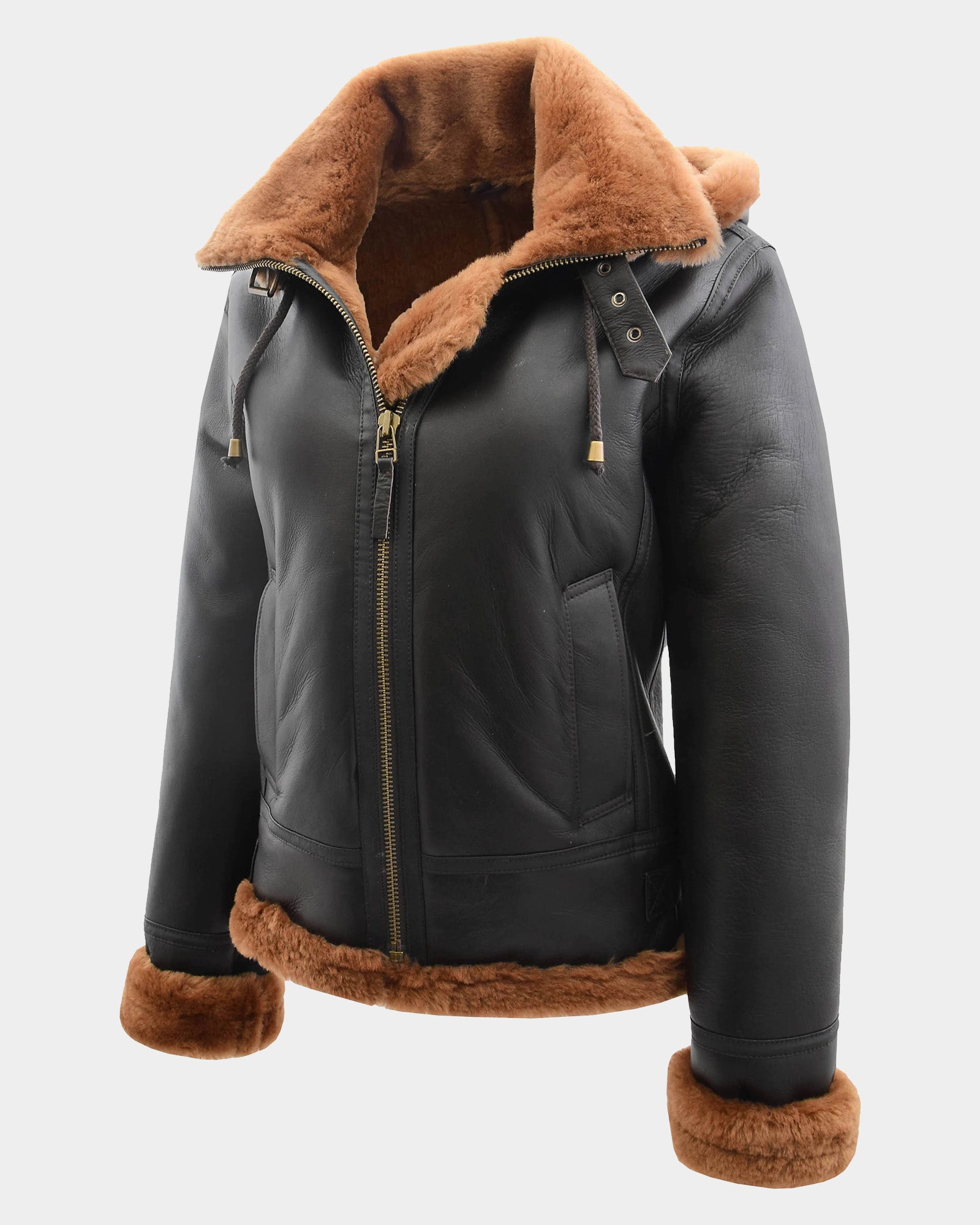 Womens Sheepskin B3 Detachable Hoodie Jacket Zenith Brown Ginger