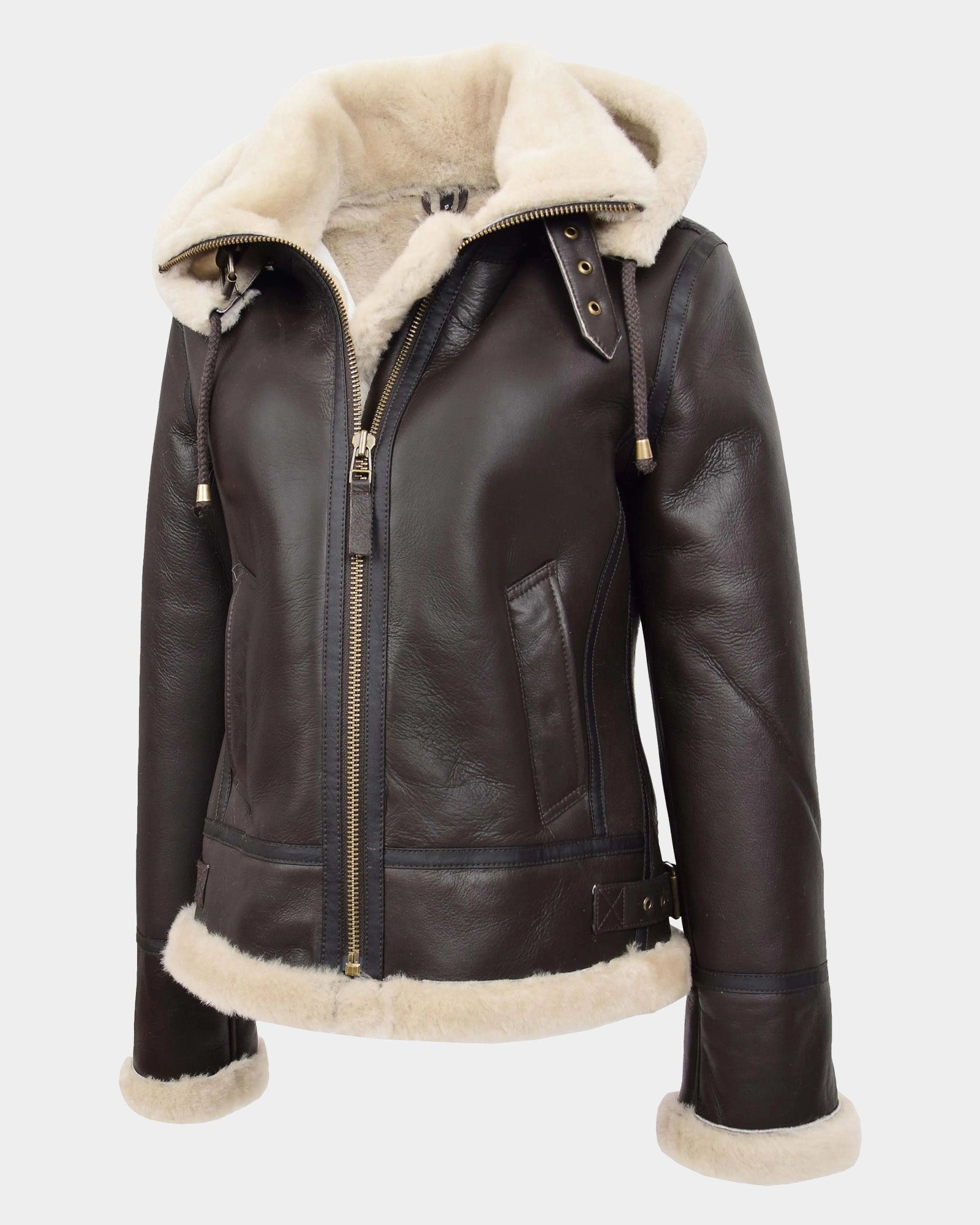 Womens Sheepskin B3 Detachable Hoodie Jacket Zenith Brown White