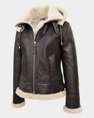 Womens Sheepskin B3 Detachable Hoodie Jacket Zenith Brown White