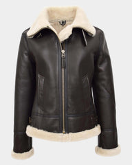 Womens Sheepskin B3 Detachable Hoodie Jacket Zenith Brown White