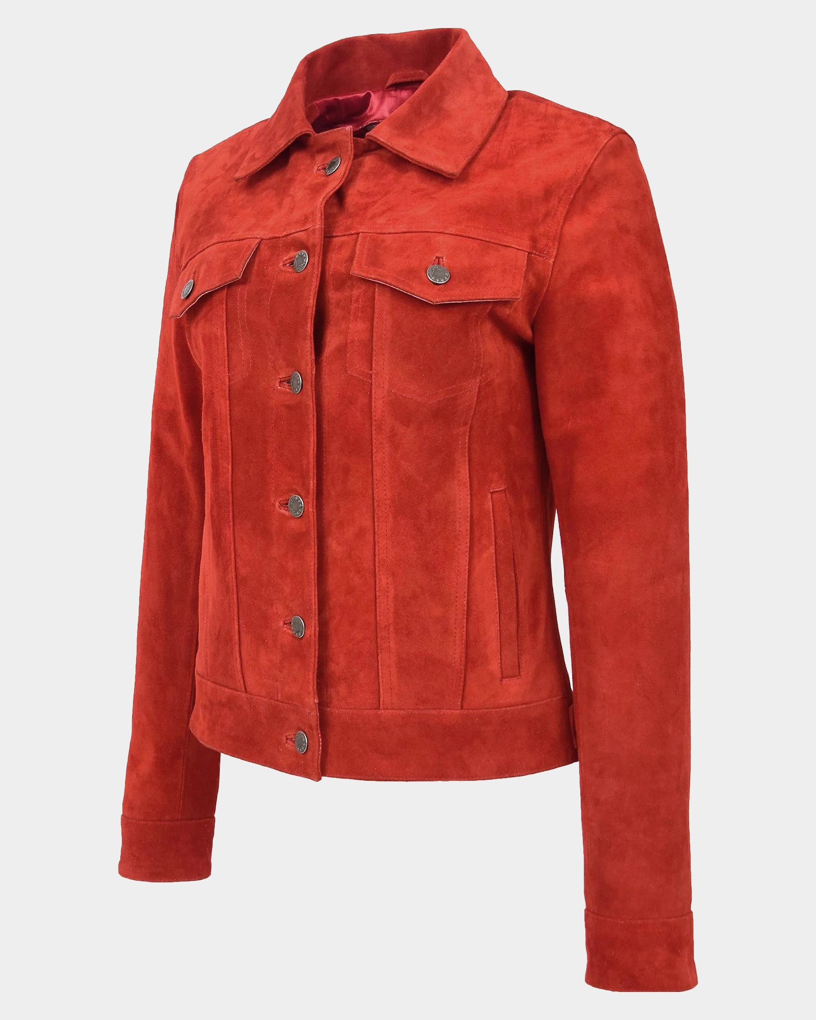 Womens Soft Suede Trucker Style Jacket Alma Ignite Red