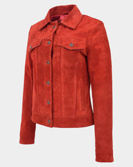 Womens Soft Suede Trucker Style Jacket Alma Ignite Red