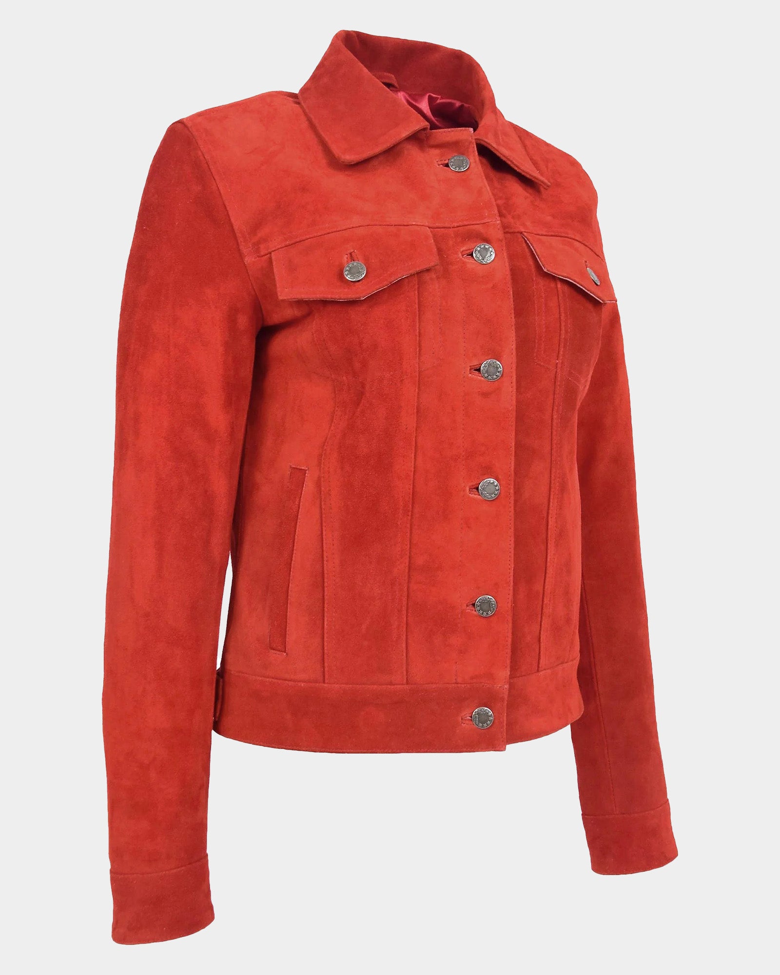 Womens Soft Suede Trucker Style Jacket Alma Ignite Red