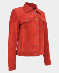 Womens Soft Suede Trucker Style Jacket Alma Ignite Red