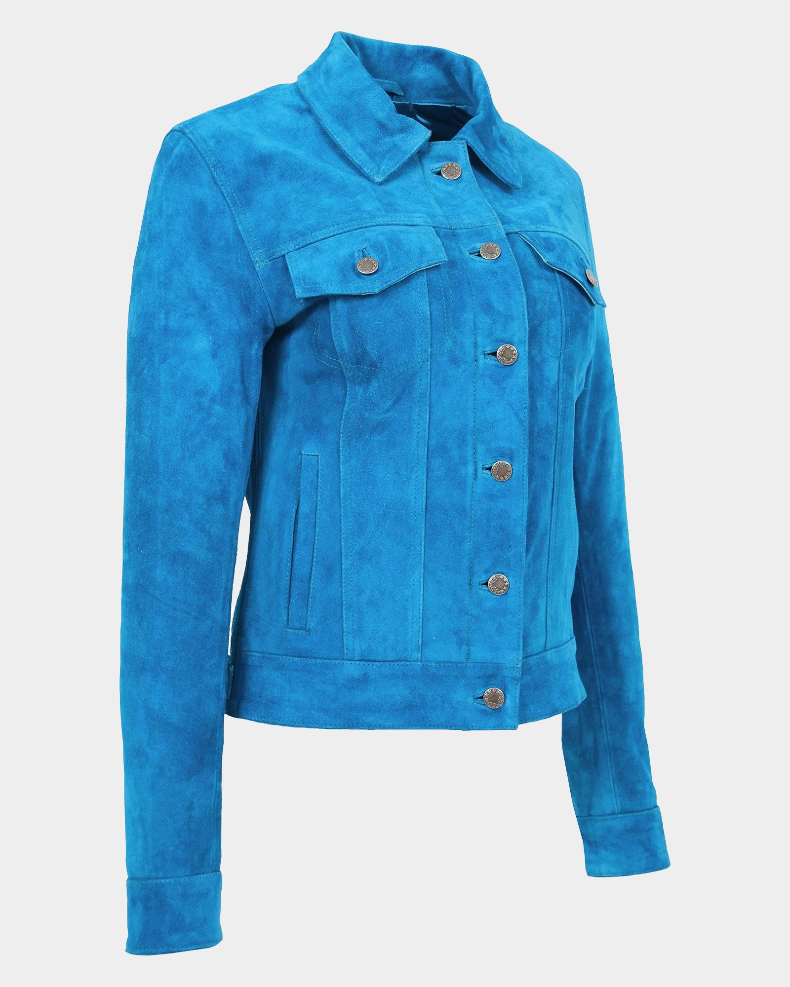 Womens Soft Suede Trucker Style Jacket Alma Teal Radiant Blue