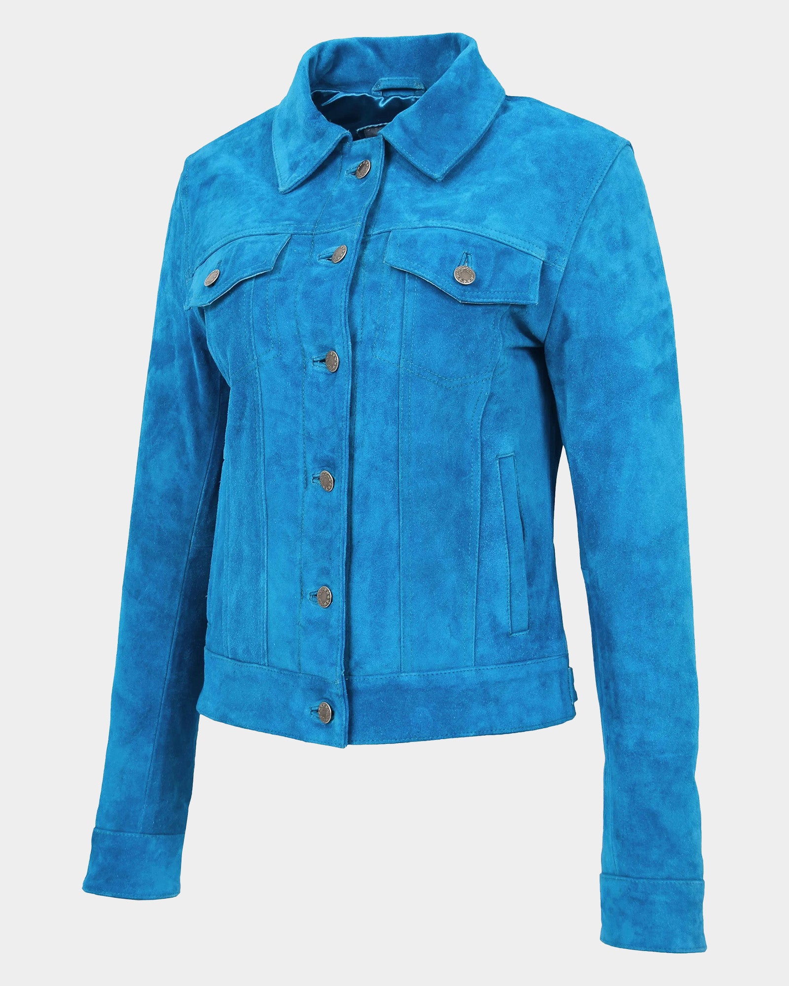 Womens Soft Suede Trucker Style Jacket Alma Teal Radiant Blue