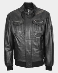 Mens Leather Bomber Flight Jacket Tom Nova Black