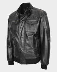 Mens Leather Bomber Flight Jacket Tom Nova Black